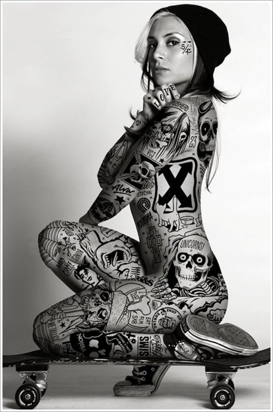Stylish girl with skull, bones and scary full body tattoo design