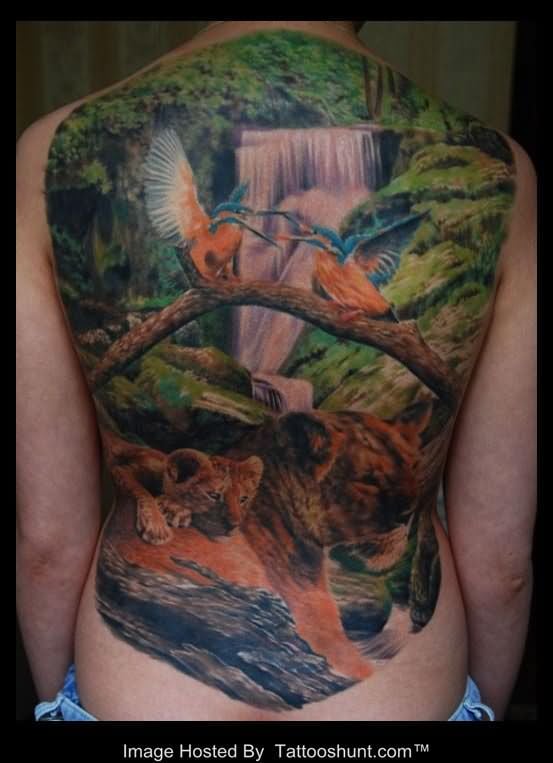 awesome 3d Natural Waterfall Hummingbird and-lion-and-cub-tattoo-on-back