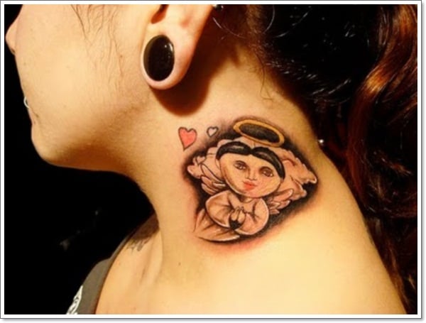 girl with the Mexican Angel Tattoos and Love on the neck tattoo designs