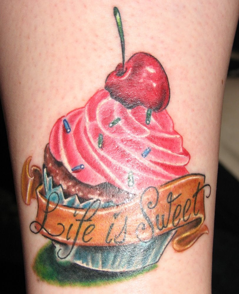 colored-ink cherry cupcake-with-life-is-sweet-banner-Tattoo
