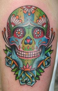 A-colorful-Day-of-the-dead-sugarl Skull Tattoo design also-known-as-a-calavera tattoo