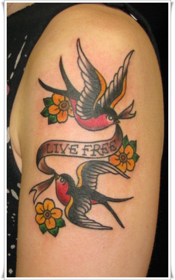 A Sailor Jerry tattoo design-of-two Sparrow birds-book-a-banner-that-reads-live free