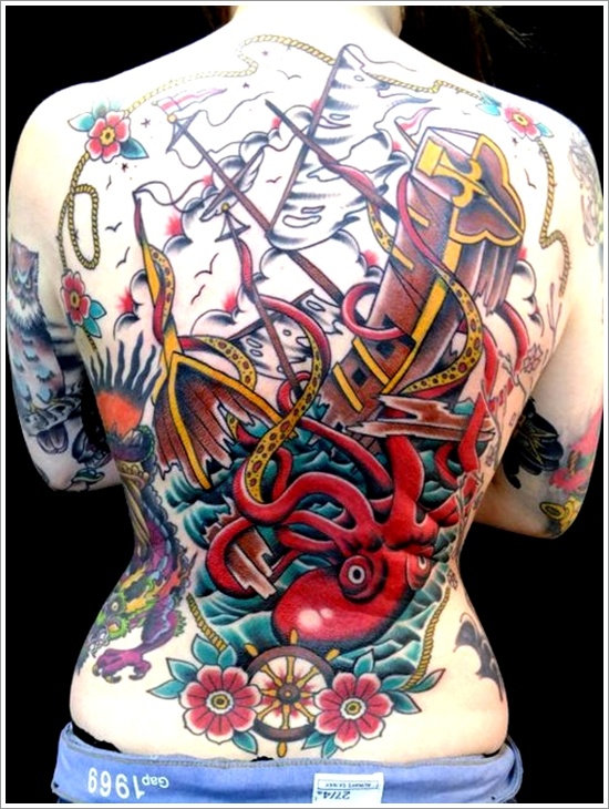 Tattoos featuring squid or octopus in design, idea 11