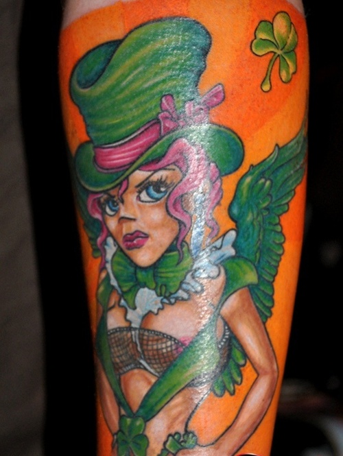 Clover shamrock and leprechaun inspired tattoo design, idea 3