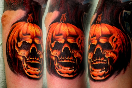 Evil looking pumpkin tattoos design, idea 22