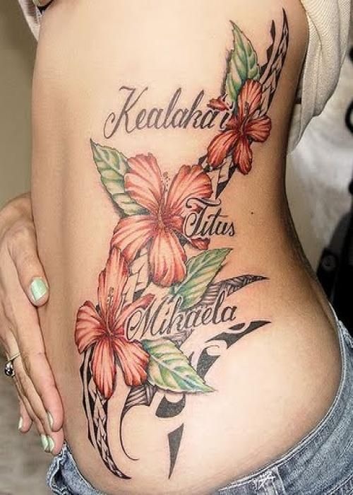 Tattoos with the hibiscus flower in their design, idea 14
