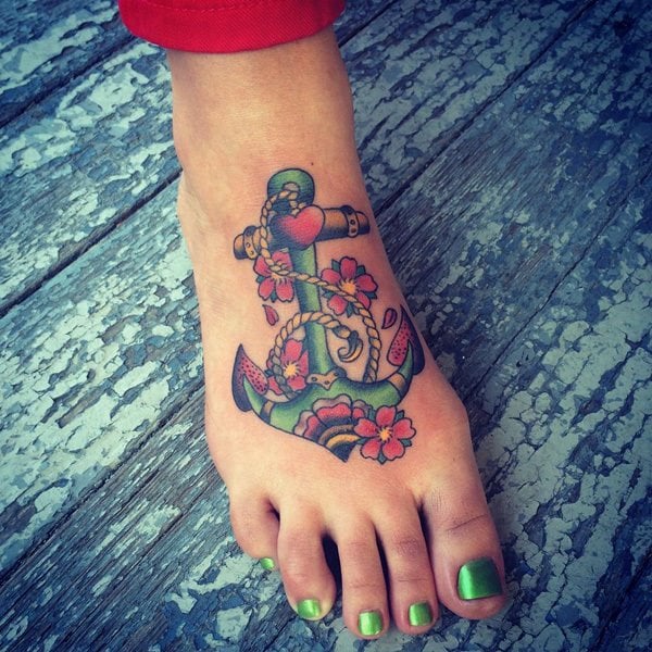 Hand poked anchor tattoo located on the ankle