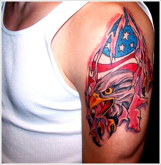 Color American flag torn skin tattoo on a forearm