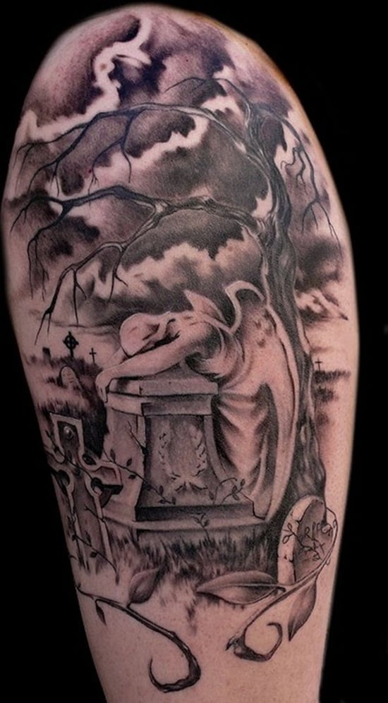 enokisoju:custom-freehand-tattoo-by-enoki-soju-enoki-soju-professional- tattoo-artist-enoki-soju-tattoo -freehand-custom-custom-drawn-skin-markers-creepy-house-house-clouds-graves-trees