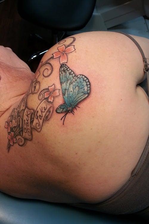 Butterfly-and-Flowers-Tattoo-on-Shoulder-for-Women