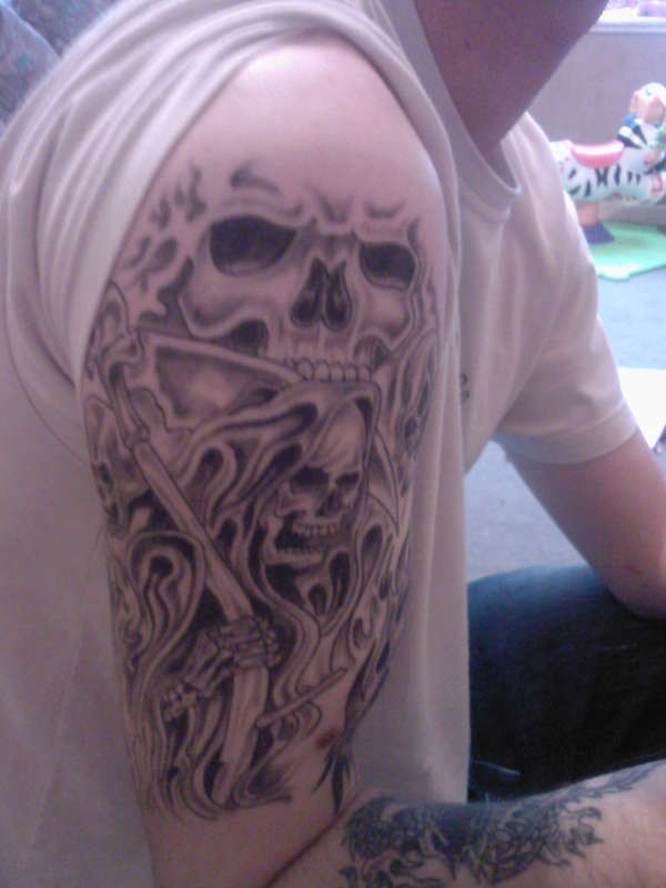 grey-ink-grim-reaper-tattoo-on-right-half-sleeve-for-men