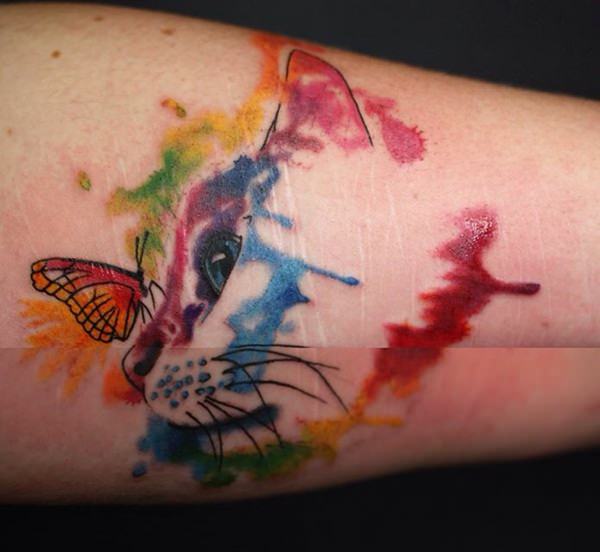 Cat butterfly bird love these multiple picture in picture tattoos   Picture tattoos Cat face tattoos Cat tattoo