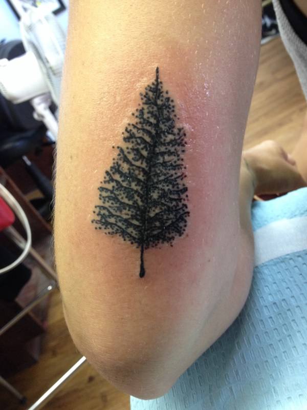 Attractive Black Ink Pine Trees Tattoo On Arm