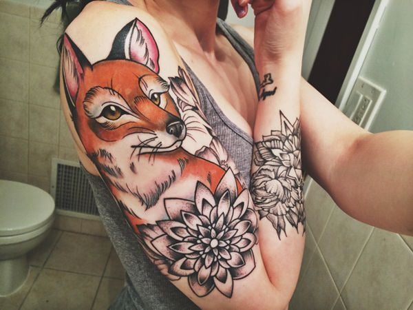 Fox and flowers half sleeve tattoo neotraditional
