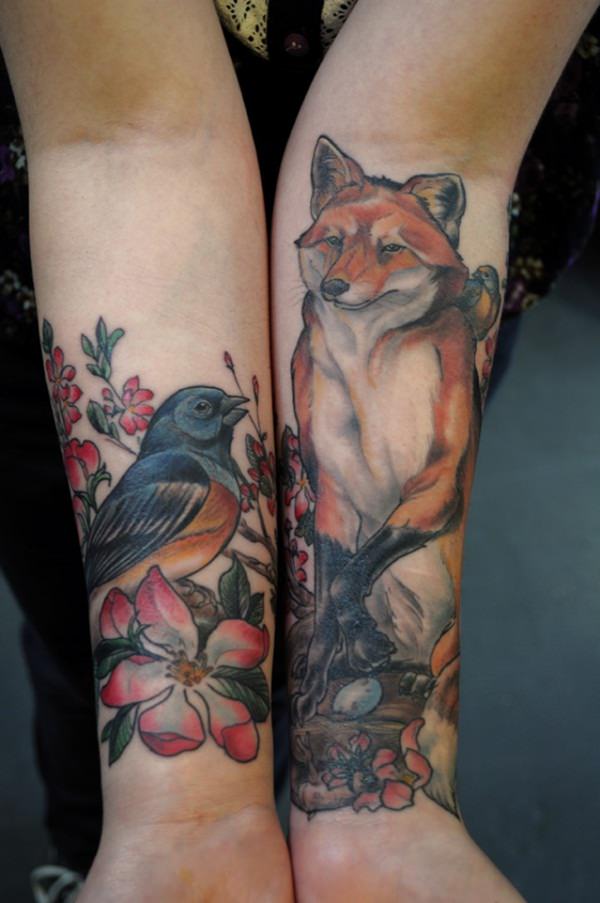 Fox With Flowers Tattoo Design For Thigh