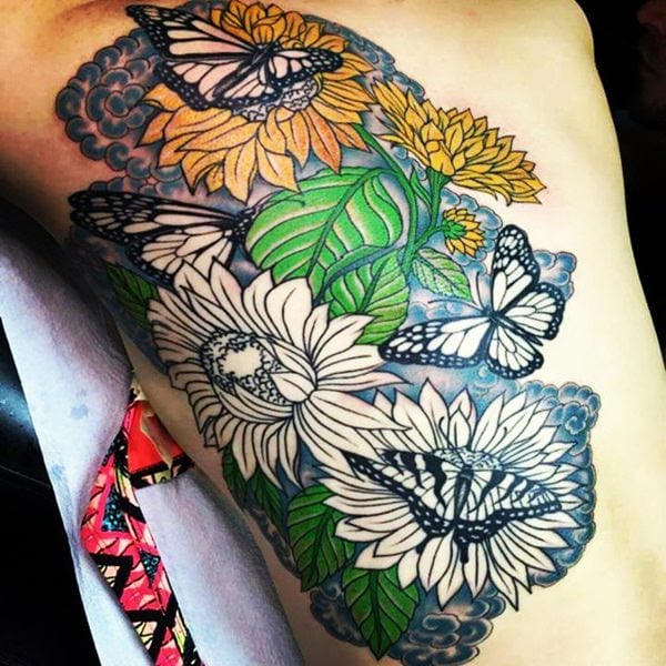 Realistic Sunflower And Butterfly Tattoo by Andrey Barkov Grimmy