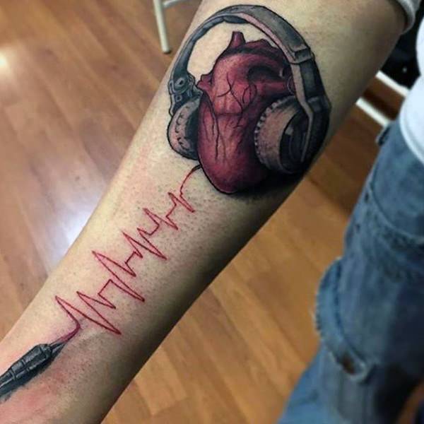 Black And Red Heartbeat Tattoo On Forearm By Dj Niks