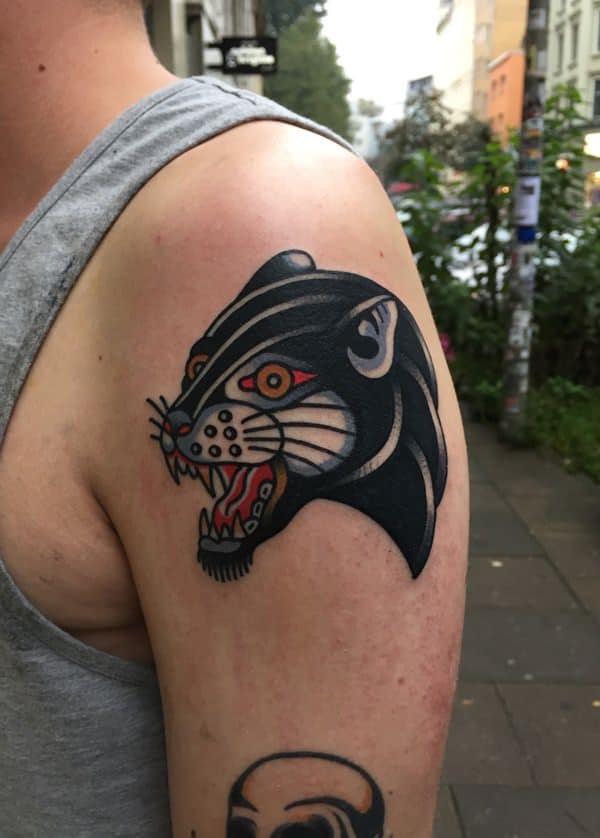 Kieran Lowe Tattoos  Tradition style panther head done the other day  tattoo design tattoos panther panthertattoo traditional  traditionaltattoo neotraditionaltattoos flash flashtattoo junior  juniorartist  Facebook