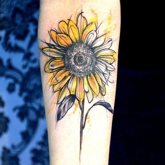 Black And Grey Sunflower Tattoo On Girl Bicep